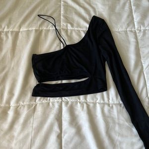 Black one shoulder / asymmetrical strap crop top. Size small